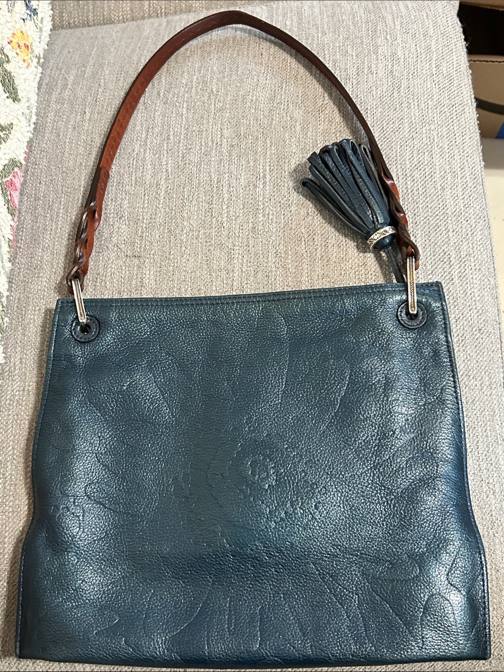 Leather Shoulder Bag with Tassel - Teal Blue